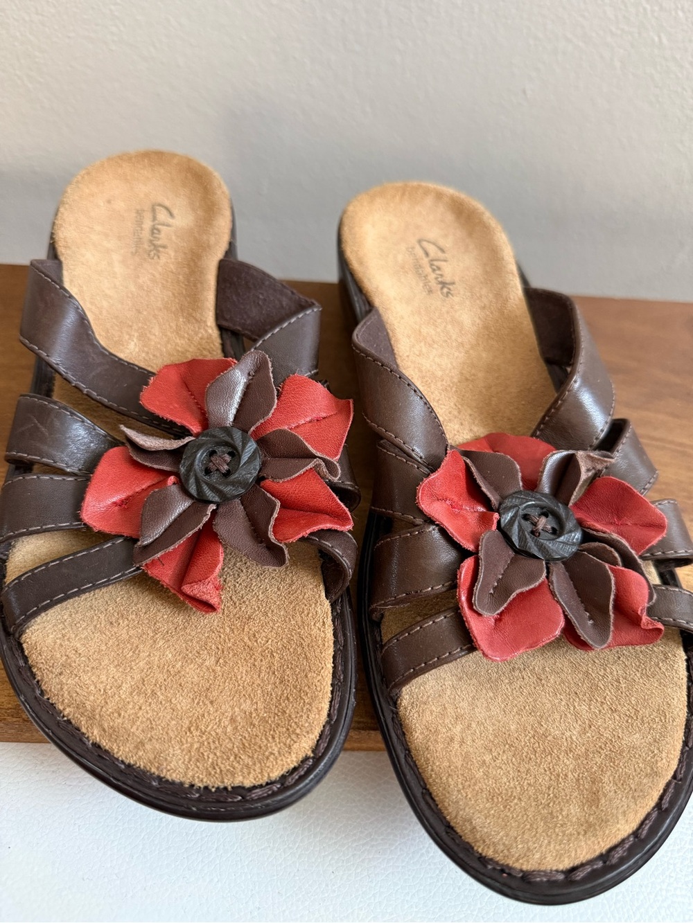 Clarks Brown Sandals with Red Floral Detail